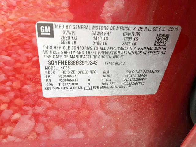 3GYFNEE38GS519242 - 2016 CADILLAC SRX LUXURY RED photo 10