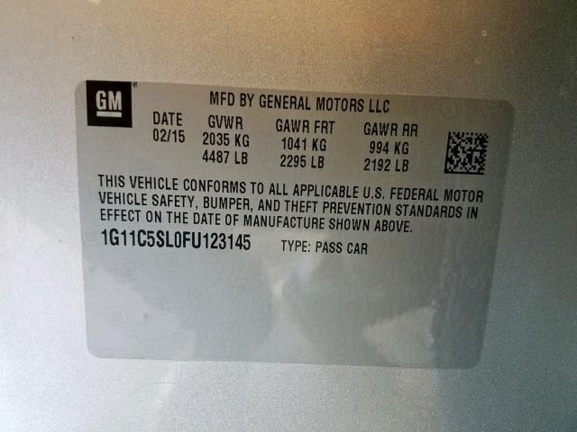 1G11C5SL0FU123145 - 2015 CHEVROLET MALIBU 1LT 银色 照片 10