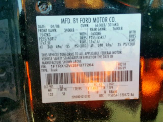 1FTRX12W28FB77264 - 2008 FORD F150 BLACK photo 10