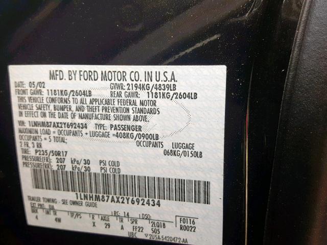 1LNHM87AX2Y692434 - 2002 LINCOLN LS BLACK photo 10