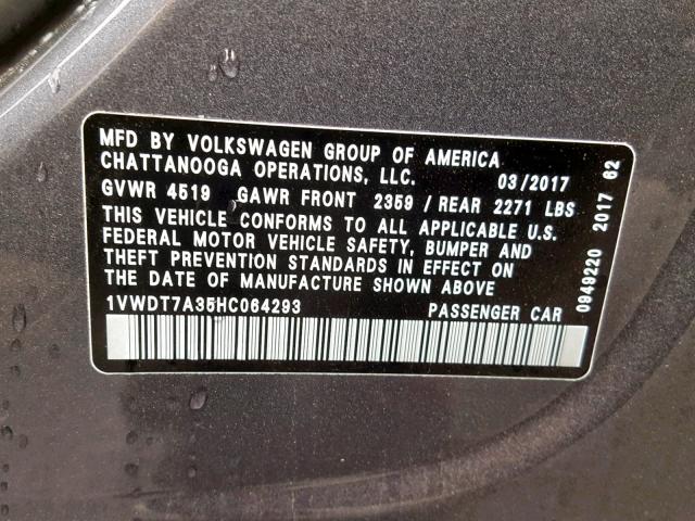 1VWDT7A35HC064293 - 2017 VOLKSWAGEN PASSAT R-L GRAY photo 10