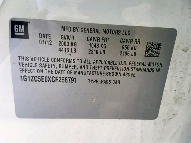 1G1ZC5E0XCF256791 - 2012 CHEVROLET MALIBU 1LT WHITE photo 10