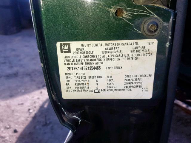 2GTEK19T621254466 - 2002 GMC NEW SIERRA GREEN photo 10