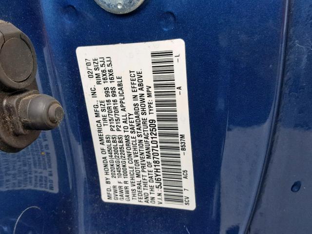 5J6YH18707L012509 - 2007 HONDA ELEMENT EX BLUE photo 10