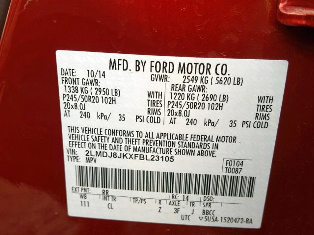 2LMDJ8JKXFBL23105 - 2015 LINCOLN MKX RED photo 10