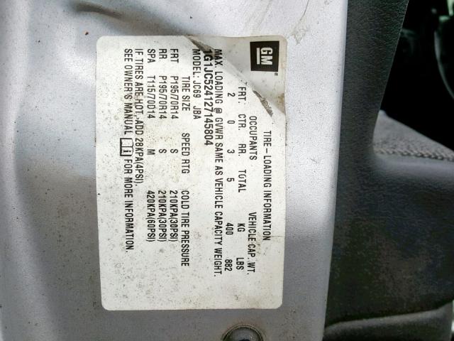 1G1JC524127145804 - 2002 CHEVROLET CAVALIER B SILVER photo 10