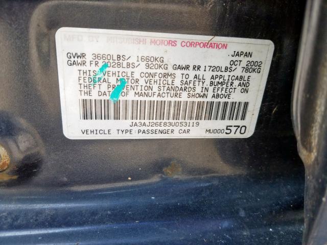 JA3AJ26E83U053119 - 2003 MITSUBISHI LANCER ES BLACK photo 10