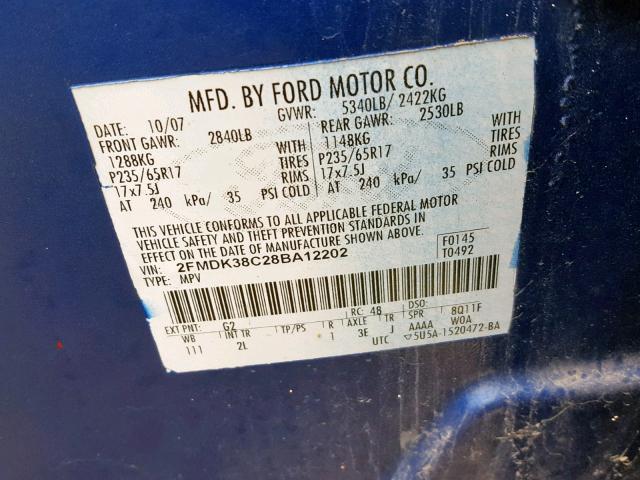 2FMDK38C28BA12202 - 2008 FORD EDGE SEL BLUE photo 10