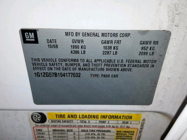 1G1ZG57B194177632 - 2009 CHEVROLET MALIBU LS 白色 照片 10