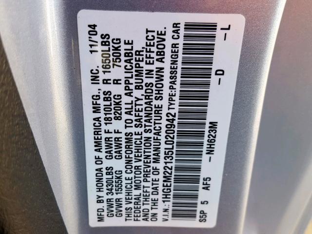 1HGEM22135L020942 - 2005 HONDA CIVIC DX V SILVER photo 10