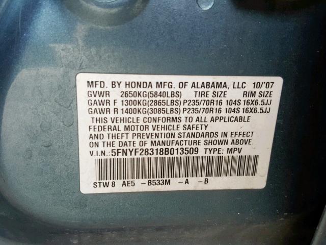 5FNYF28318B013509 - 2008 HONDA PILOT SE TEAL photo 10