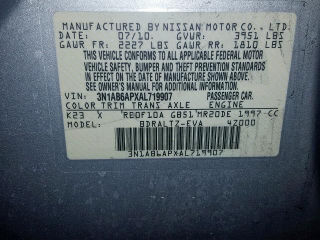 3N1AB6APXAL719907 - 2010 NISSAN SENTRA 2.0 SILVER photo 10