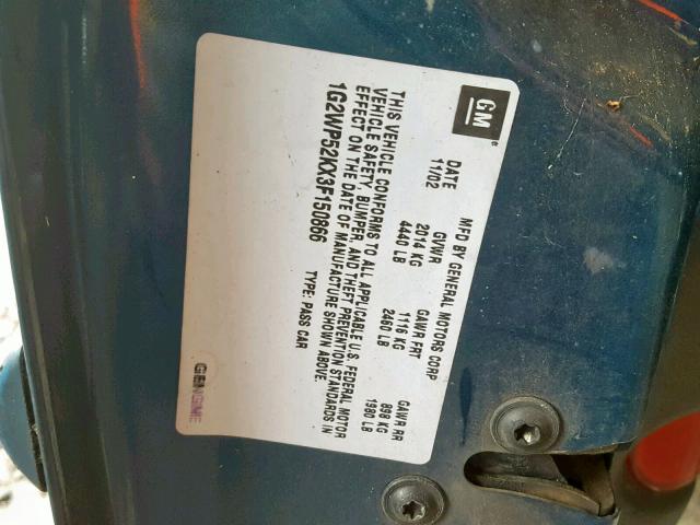 1G2WP52KX3F150866 - 2003 PONTIAC GRAND PRIX TEAL photo 10