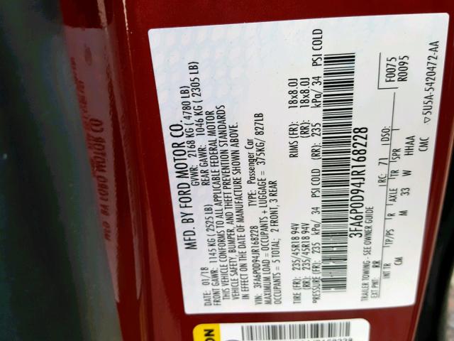 3FA6P0D94JR168228 - 2018 FORD FUSION TIT RED photo 10