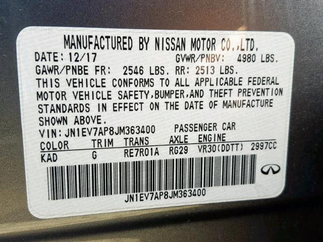 JN1EV7AP8JM363400 - 2018 INFINITI Q50 LUXE GRAY photo 10