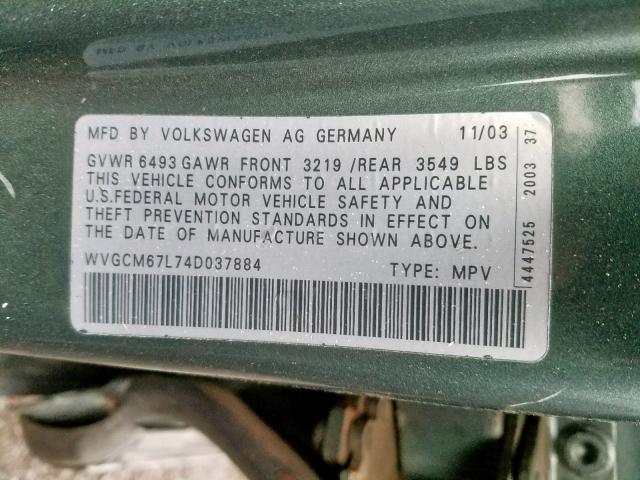 WVGCM67L74D037884 - 2004 VOLKSWAGEN TOUAREG 4. GREEN photo 10