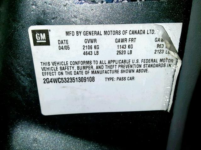 2G4WC532351309108 - 2005 BUICK LACROSSE C GRAY photo 10