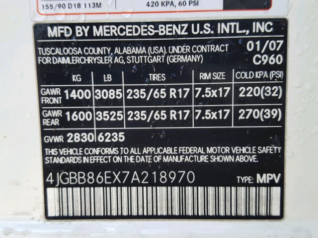 4JGBB86EX7A218970 - 2007 MERCEDES-BENZ ML 350 WHITE photo 10