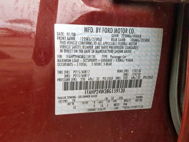 1FAHP24W38G159130 - 2008 FORD TAURUS SEL RED photo 10