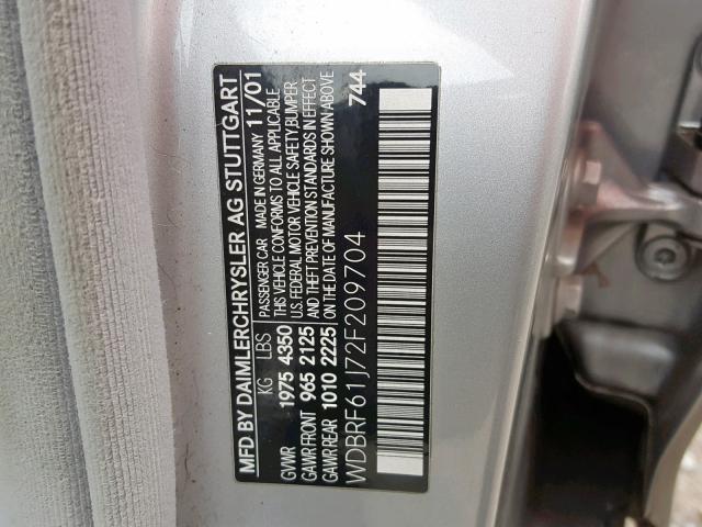 WDBRF61J72F209704 - 2002 MERCEDES-BENZ C 240 SILVER photo 10