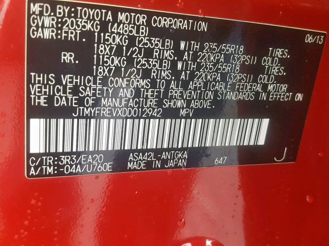 JTMYFREVXDD012942 - 2013 TOYOTA RAV4 LIMIT RED photo 10