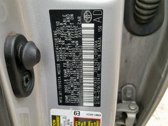 2T1KU4EE8AC476903 - 2010 TOYOTA COROLLA MA SILVER photo 10