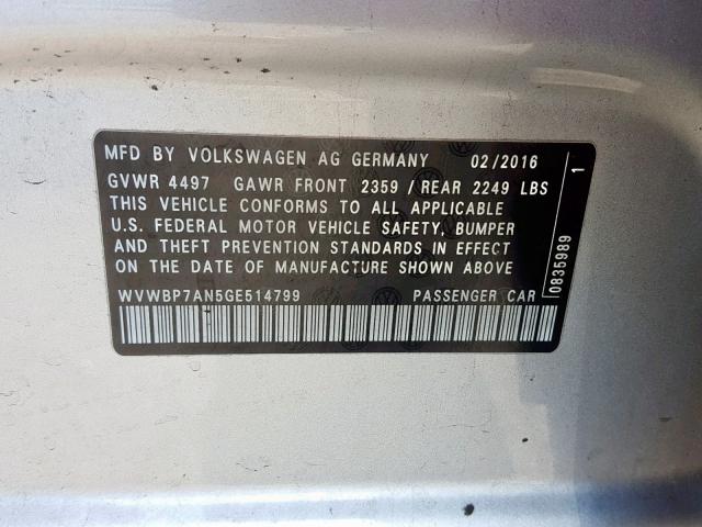 WVWBP7AN5GE514799 - 2016 VOLKSWAGEN CC BASE SILVER photo 10