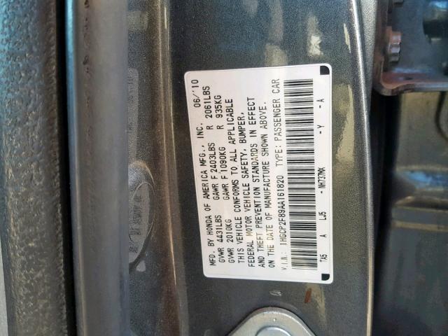 1HGCP2F89AA161820 - 2010 HONDA ACCORD EXL GRAY photo 10