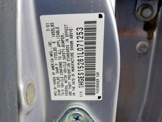 1HGES15261L071253 - 2001 HONDA CIVIC DX SILVER photo 10