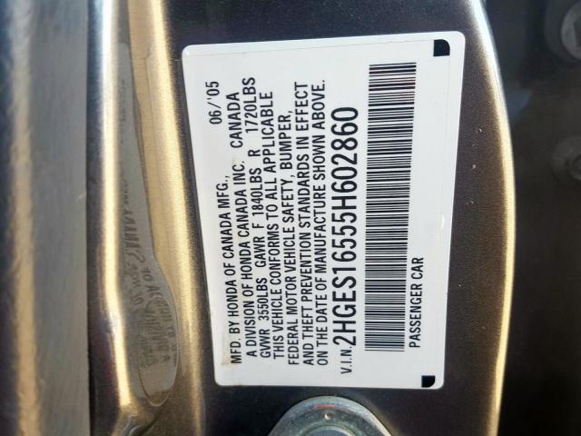 2HGES16555H602860 - 2005 HONDA CIVIC LX SILVER photo 10