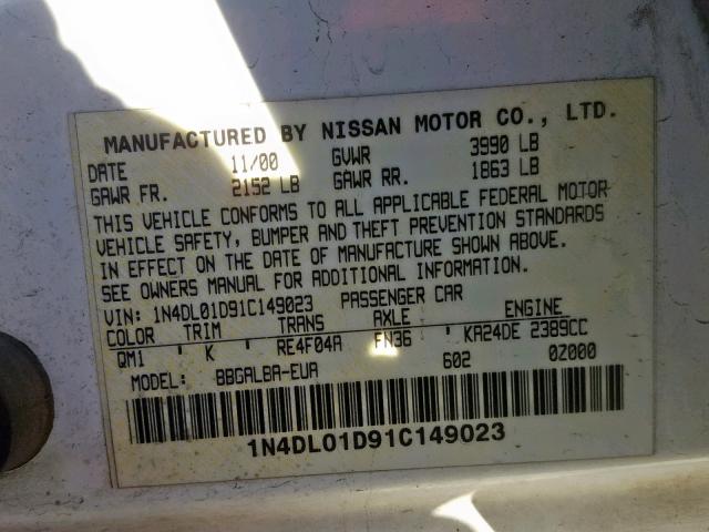 1N4DL01D91C149023 - 2001 NISSAN ALTIMA XE WHITE photo 10