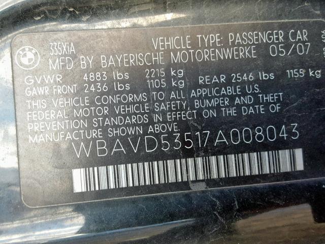 WBAVD53517A008043 - 2007 BMW 335 XI BLACK photo 10