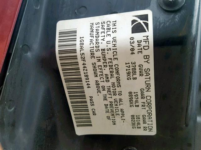 1G8AL52F44Z189144 - 2004 SATURN ION LEVEL MAROON photo 10