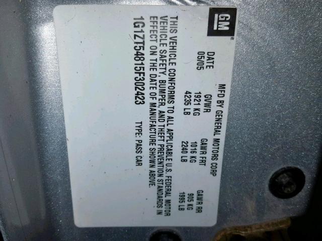 1G1ZT54815F302423 - 2005 CHEVROLET MALIBU LS 银色 照片 10