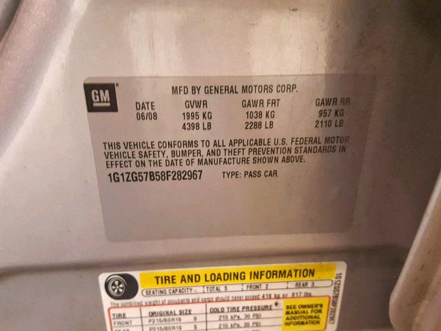 1G1ZG57B58F282967 - 2008 CHEVROLET MALIBU LS 银色 照片 10