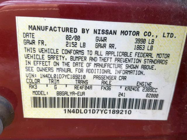 1N4DL01D7YC189210 - 2000 NISSAN ALTIMA XE BURGUNDY photo 10