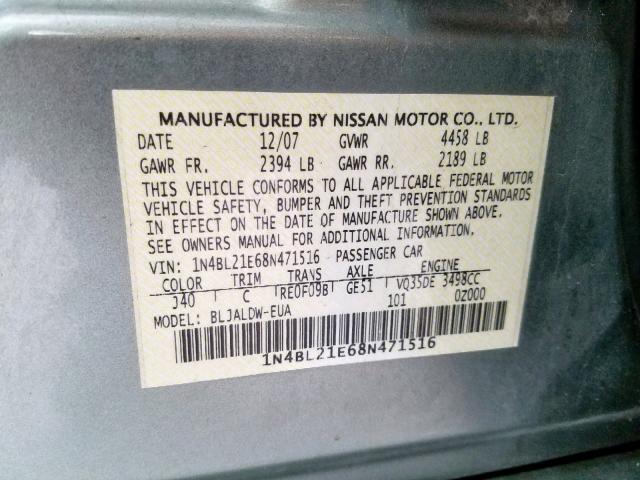 1N4BL21E68N471516 - 2008 NISSAN ALTIMA 3.5 GREEN photo 10