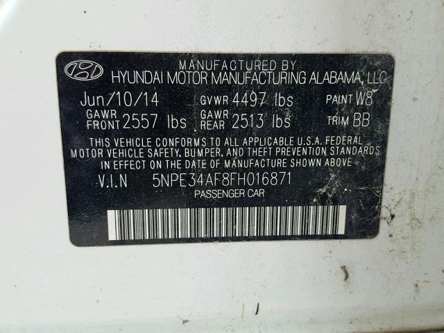 5NPE34AF8FH016871 - 2015 HYUNDAI SONATA SPO WHITE photo 10