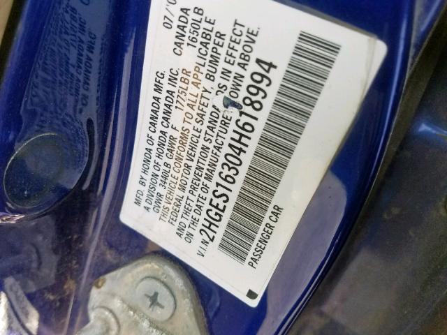 2HGES16304H618994 - 2004 HONDA CIVIC DX V BLUE photo 10