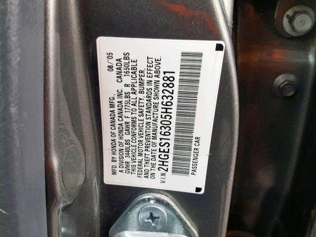 2HGES16305H632881 - 2005 HONDA CIVIC DX V GRAY photo 10