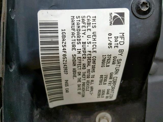 1G8AZ54F05Z143937 - 2005 SATURN ION LEVEL SILVER photo 10