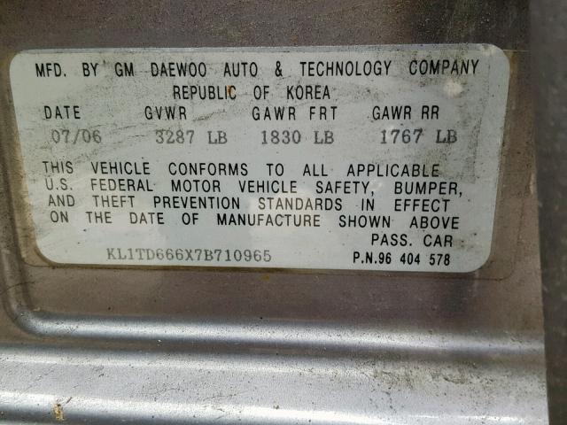 KL1TD666X7B710965 - 2007 CHEVROLET AVEO BASE Boz foto 10