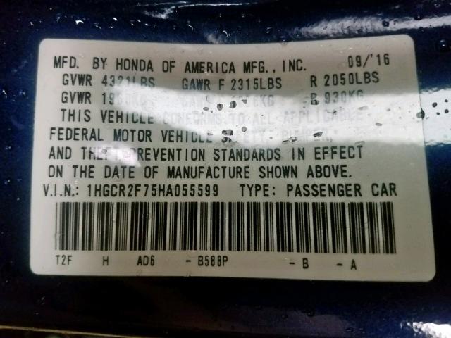 1HGCR2F75HA055599 - 2017 HONDA ACCORD EX BLUE photo 10