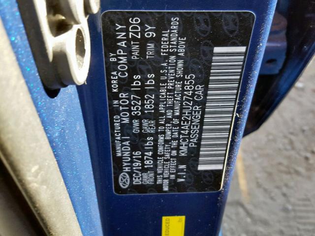 KMHCT4AE2HU274855 - 2017 HYUNDAI ACCENT SE BLUE photo 10