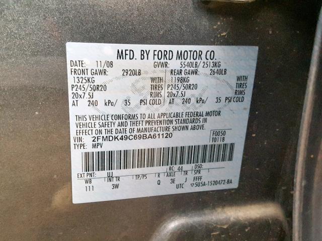 2FMDK49C69BA61120 - 2009 FORD EDGE LIMIT GRAY photo 10