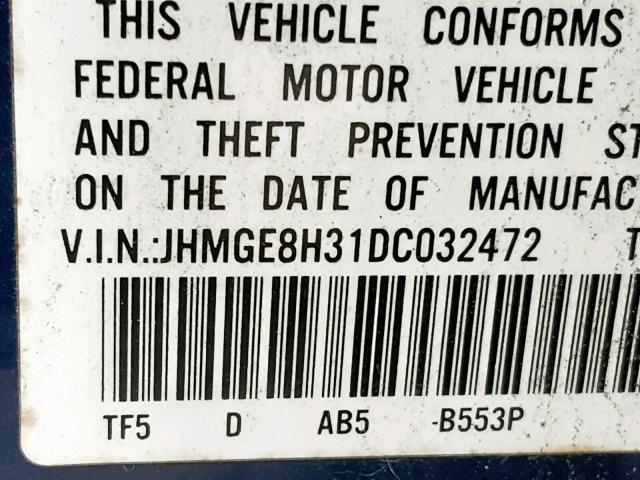 JHMGE8H31DC032472 - 2013 HONDA FIT BLUE photo 10