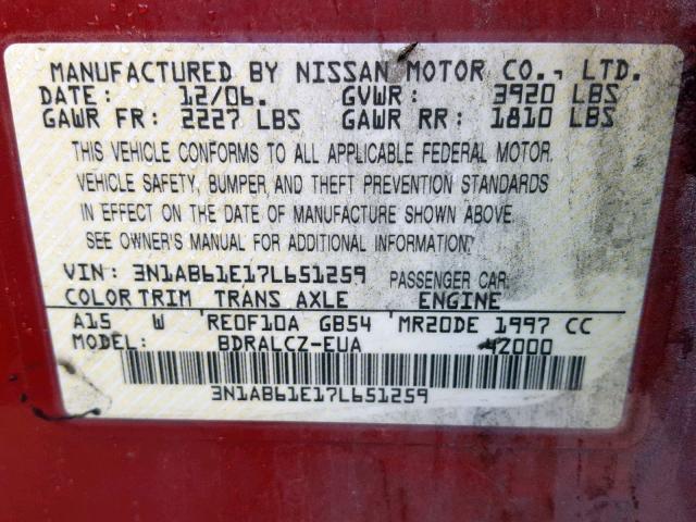 3N1AB61E17L651259 - 2007 NISSAN SENTRA 2.0 RED photo 10