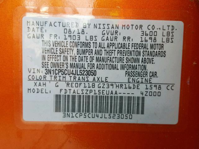 3N1CP5CU4JL523050 - 2018 NISSAN KICKS S ORANGE photo 10