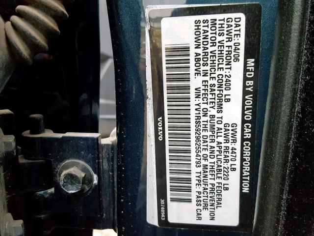YV1RS592962554793 - 2006 VOLVO S60 2.5T BLUE photo 10