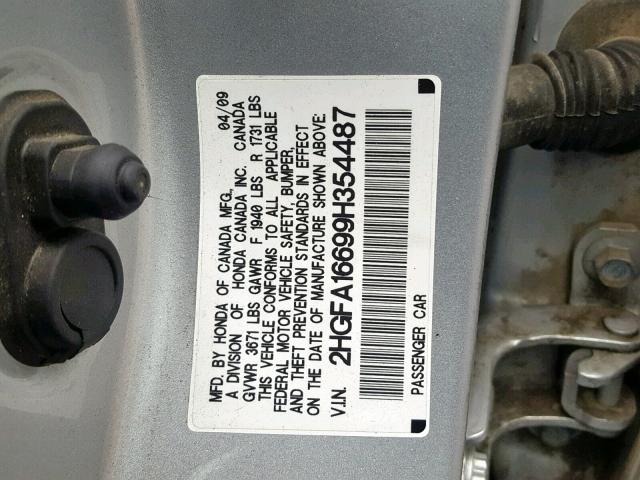 2HGFA16699H354487 - 2009 HONDA CIVIC SILVER photo 10